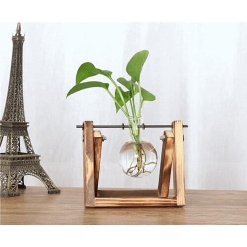 Creative Plant Glass Hydroponic Container Terrarium Desk Decor with Wood Stand Flower Pot Home Decoration