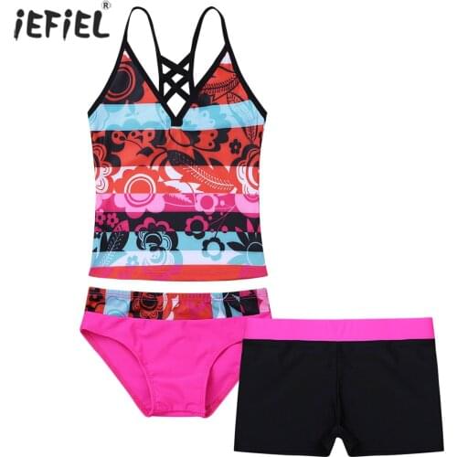 3Pcs Fashion Girls Swimwear Floral Printed Sleeveless Tops with Bottoms Shorts Seperate Girls Swimsuit Bathing Suit 4-16 Years