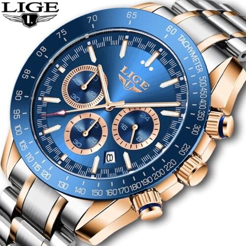 LIGE 2021 New Pilot Mens Watches Fashion Waterproof Quartz Gold Watch Men Top Brand Luxury Stainless Steel Sport Wristwatch+Box