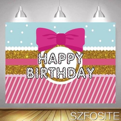 Cute Pink Bow Happy Birthday Stripe Backdrop Girl Party Room Table Decoration Photography Kid Photo Baby Custom Vinyl Background