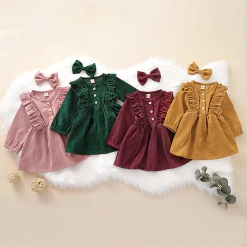 Fashion Toddler Kids Girl Corduroy Dress High-Waist Midi Long Sleeve Round Collar Ruffle Buttons Princess Pleated Fall Dress