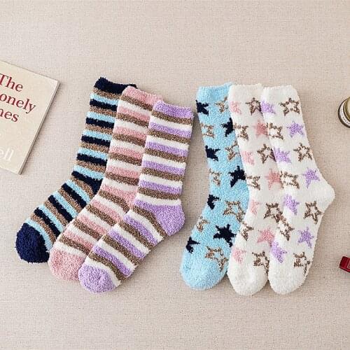 Coral Velvet Cotton Thickening Striped Cashmere Socks Women Fluffy Funny Ladies Short Sock Star Fashion Warm Casual Harajuku Sox