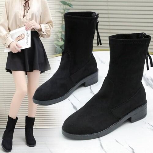 2021 New Womens Boots Round Toe Knitted Stretch Ankle Boots Thick Heel High Heels Shoes Woman Autumn Winter Female Socks Boots