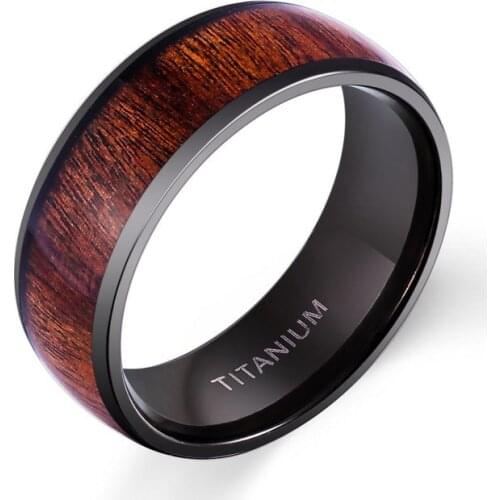 New Design Vantage 8mm Black Plating Solid Titanium Ring for Man Fashion Jewelry Band inlay Wood Dome Band US Size 6-13