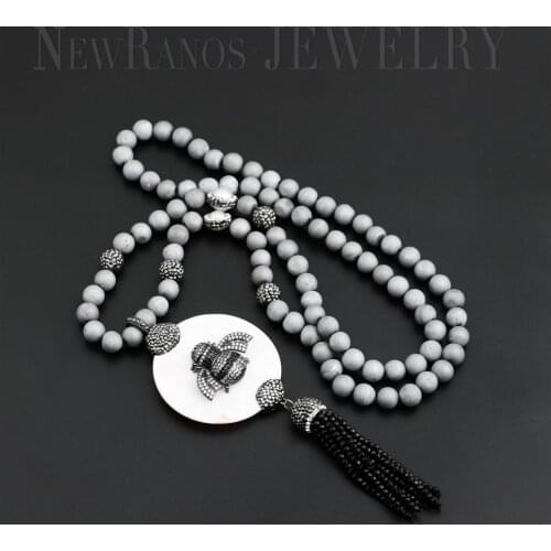 Newranos Beads Necklace Howlite Insect Colar CZ Zircons Beetle Pendant 80cm Long Chain for Fashion Jewelry N003YZ120