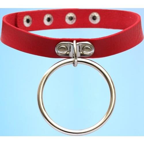 Punk minimalist fashion collarbone chain metal big ring leather button adjustable punk leather neck necklace