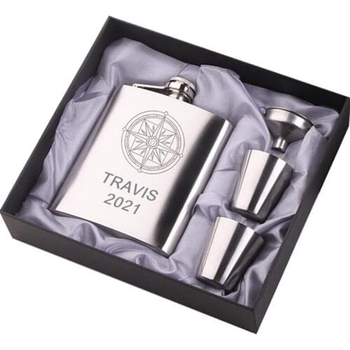 Personalized Silver Compass Hip Flask Gift Set Custom Birthday Favor For Groomsman Husband Father Boyfriend Engrave Name & Date