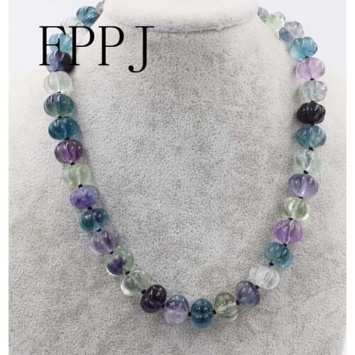 Fluorite CARVED pumpkin 10/12/14mm multicolor necklace 18inch wholesale beads nature FPPJ woman 2017