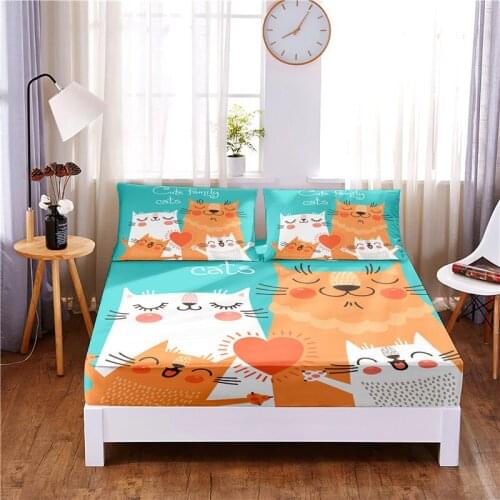 Cartoon Animal Painting Printed 3pc Polyester Fitted Sheet Mattress Cover Four Corners with Elastic Band Bed Sheet Pillowcases