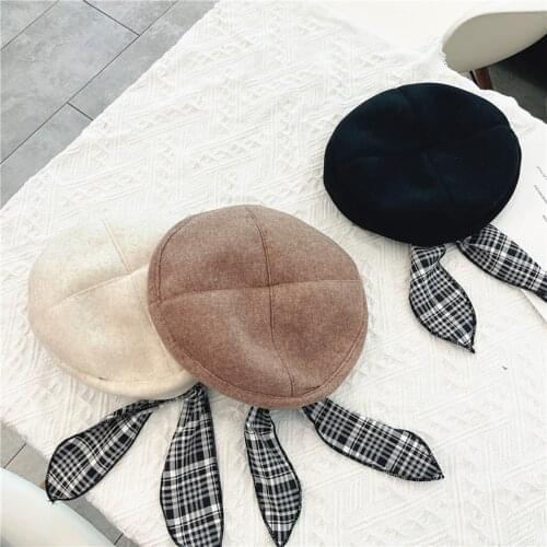 Fashion New 2021 Toddler Girls Beret Hat French Style Winter Warm Artist Hat with Plaid Ribbon Bow Solid Color Cute Beanie Hat
