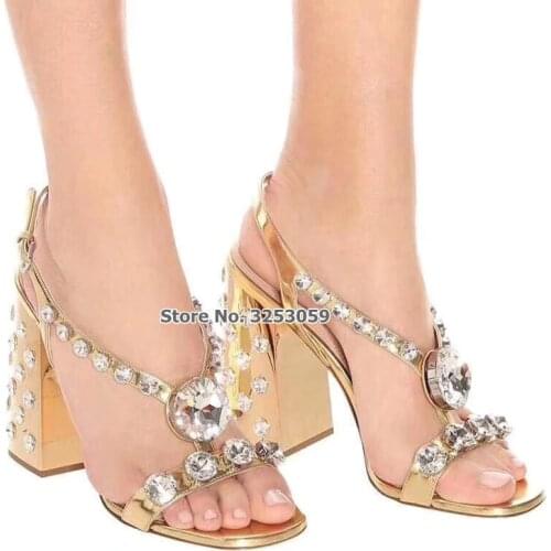 ALMUDENA Luxurious Bling Bling Big Crystal Beaded Chunky Heel Sandals Gold Silver Black Thick Heels Glittering Wedding Shoes