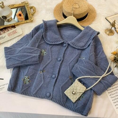 Sweater womens loose-fitting new lazy style sweet doll collar knitted cardigan jacket 2021 spring new
