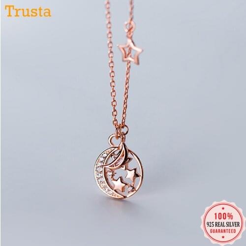 Trusta 2019 Womens Fashion 925 Sterling Silver Jewelry Moon&Stars Shinny CZ Pendant Short Necklace Cute Gift Girls Lady DS1497
