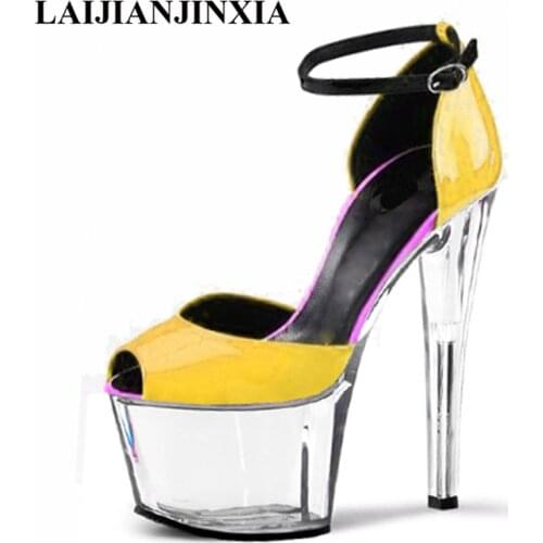 New 17cm high heel pumps with thin straps, platform girls' ultra high heel sandals, transparent stilettos Dance Shoes