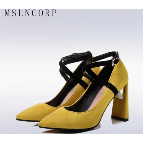 Size 34-46 high heels shoes Women Pumps Cross-strap Square Heel Shoes elegant fashion pointed toe shallow buckle single shoes
