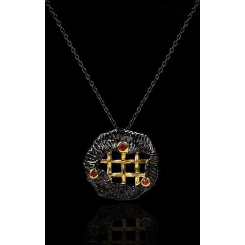 Vintage Female 925 Sterling Silver Ruby Pendant Necklace Geometric Gothic Black Gold Color Sweater Chains Jewelry
