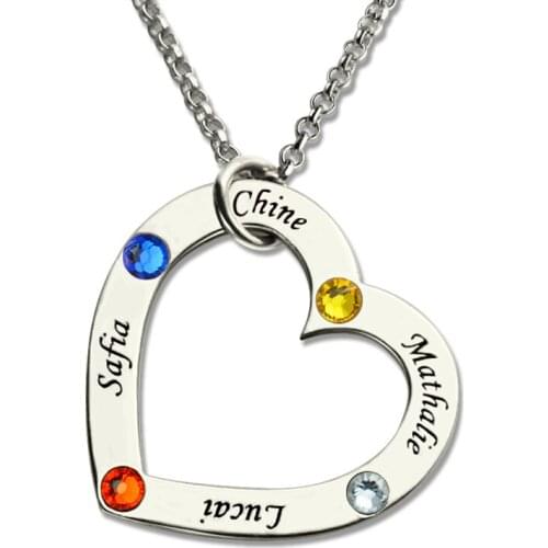 XiaoJing 925 Sterling Silver Birthstone Heart Necklace Personalized Children Names Mother Pendant Necklace Custom Jewelry 2019