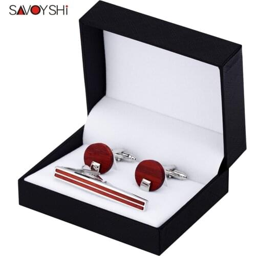 SAVOYSHI Red Wood Tie Clip Cufflinks Set for Mens Cuff links Brand High Quality Wedding Gift Jewelry Free Custom Engraving Name