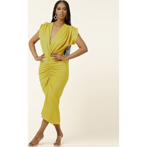 Womens Sexy Pleated Tight Dress Ladies Deep V Neck Sleeveless Calf Length Dresses Female Summer Vacation Party Club Vestidos