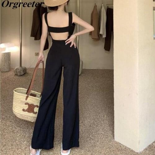 Sexy Sleeveless Backless White/Black Jumpsuits Rompers Women 2021 Summer New High waist Wide leg Overalls Female Playsuits