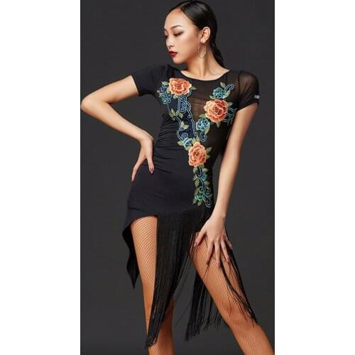 New Latin Dance Embroidery Dress Fringe Skirt Ladies Latin Practice Wear Latin Cha Cha Salsa Tango Rumba Dancing Dresses For Wom