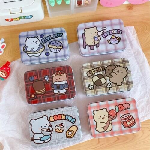 1pc Kawaii Bear Metal Square Storage Box Paper Clip Business Card Case Desktop Organizer Stationery School Office Supplies