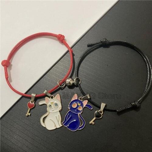 2PCS Magnetic Couple Bracelets Attractive Cute Cartoon Cat Love Heart Charm Rope Braided Distance Bracelet Friendship Jewelry
