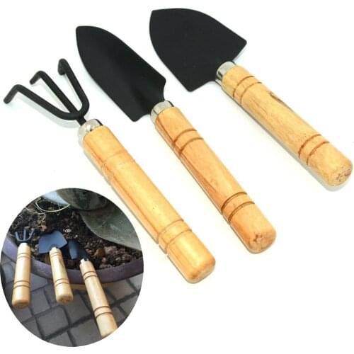 3 pcs Mini Portable Garden Tool Set Gardening Tool Metal Head Shovel Rake Spade Garden Plant Wooden Small Shovel Rake Spade