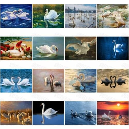 Diy Diamond Painting Nature Creatures Birds Duck Family Noble Wild White Swan In Pairs Playing In The Water White Swan Poster