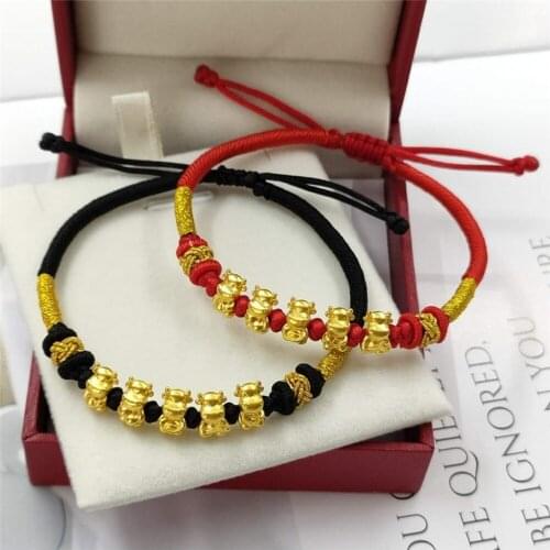 Pure 999 24K Yellow Gold Woman Bracelet 3D Luck OX Bead Red / Black Cord Weave Bracelet