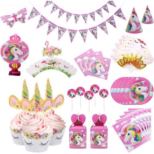 Unicorn Party Decor Pink Unicorn Horse Tableware Banner Plates Cups Napkin Sets for Kids Baby Shower Birthday Decorations