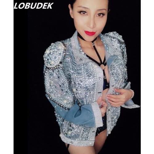 Blue Pearls Crystals Denim Jacket Female Costume Shining Rhinestones Beading Tide Fashion Jeans Nightclub Stage Outfit Outerwear