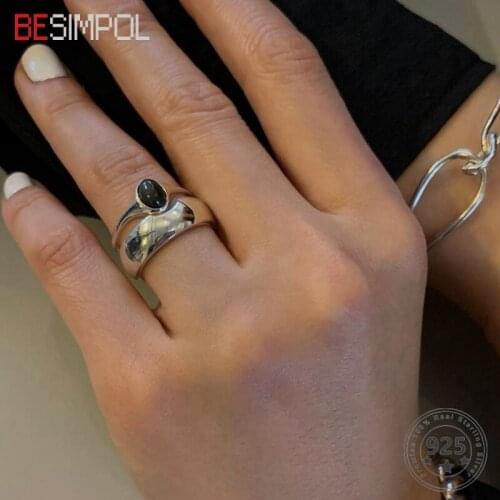 Besimpol 925 Sterling Silver Black Onyx Ring Female Minimalist Geometric Open Couple Rings For Women Fashion Fine Jewelry Gifts