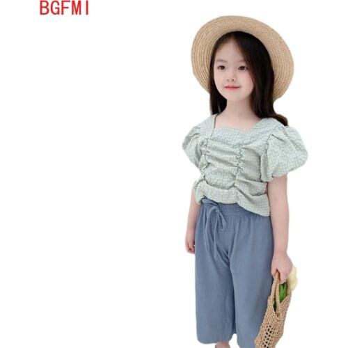Teenager Girls Set Childrens Clothing Summer Korean Baby Puff Sleeve Grid Shirts + Wide Leg Pants 2pcs Kid Set Fashion Clothes