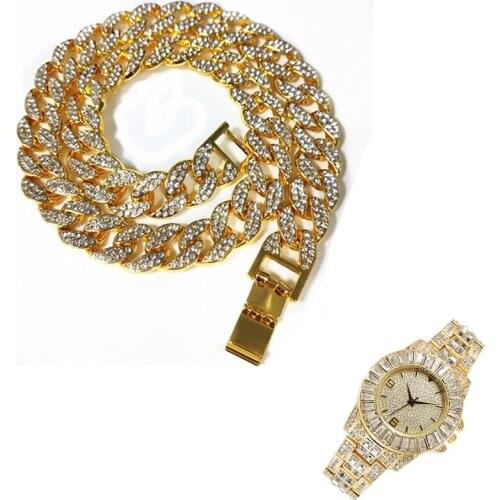 2pcs Kit 15MM Iced Out Hip Hop Paved Rhinestones Miami Cuban CZ Necklace+Watch+Bracelet Rapper Necklaces For Man Women Jewelry