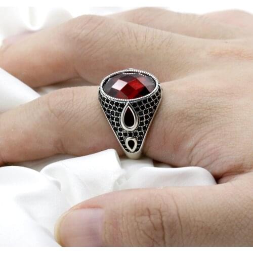 Red Cubic Zircon Men Women Ring 925 Sterling Silver with Black CZ Water Drop Design Vintage Turkish Style Male Unisex Jewelry