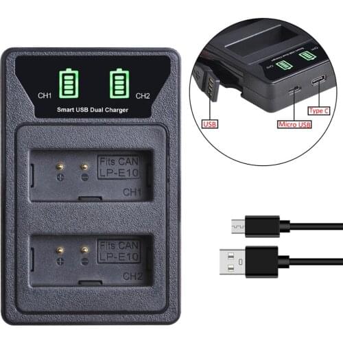 LP-E10 LPE10 Battery Charger with USB and Type-c Port for Canon LP E10 Battery, 1100D 1200D 1300D 2000D Kiss X50 X70 Rebel T3 T5