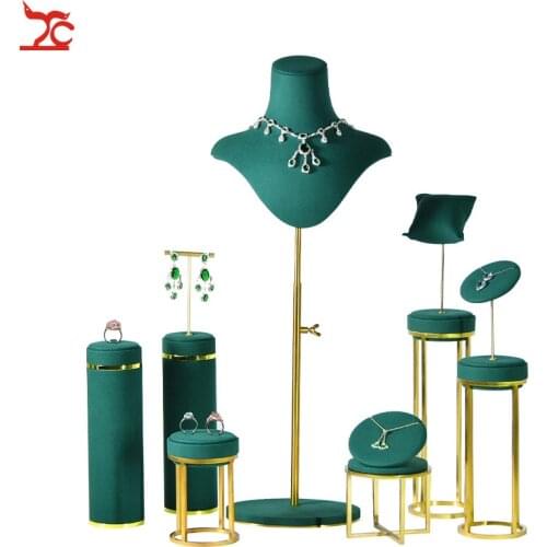 New Quality Metal Jewelry Counter Show Case Green Microfiber Earring Ring Necklace Pendant Jewelry Display Organizer Stand Kit