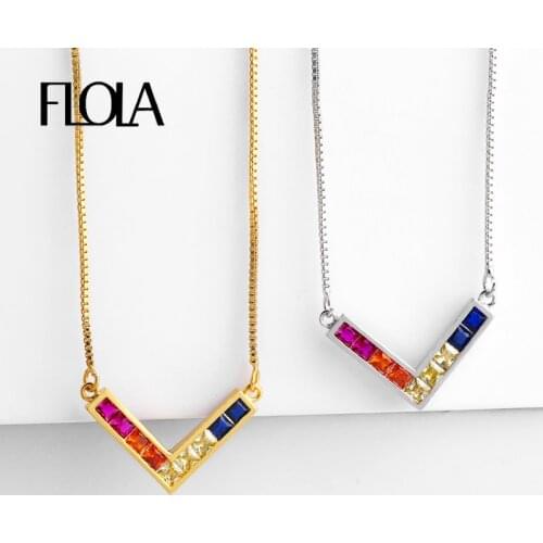FLOLA 24k Zirconia Rainbow Necklace Woman V Shape Multi Color Necklace Collar Women Jewelry Gifts collana arcobaleno nkep42