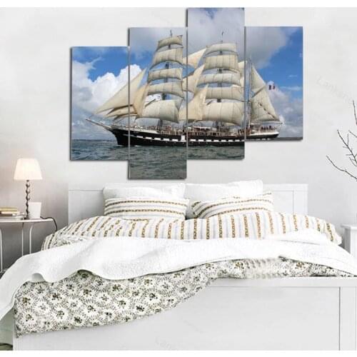 Modern Wall Art Canvas Painting Blue Ocean Sailing Ship Oil Painting Wall Pictures for Living Room Cuadros 4 Panels Home Decor