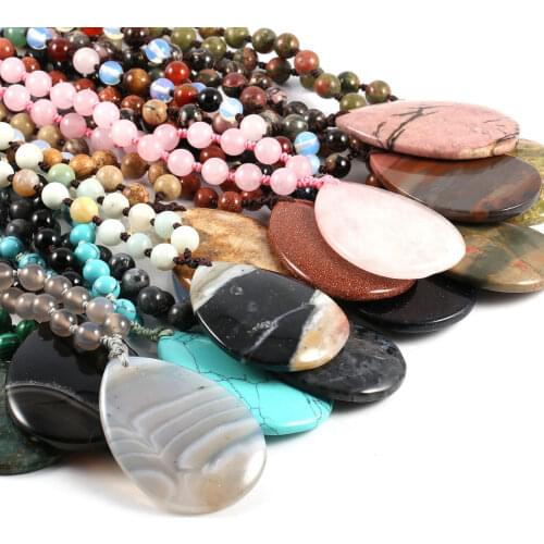 Unique 8mm Natural Lucky Stone Agates Beads Drop-shape Pendant Necklace Rose Quartzs Beaded Long Necklace Jewelry Gift for Women