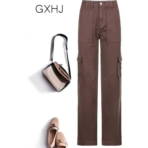 Women jeans pants High Waist Loose Straight Jeans Pants Multi-pocket Casual wild women Fashion Trousers LHJ032