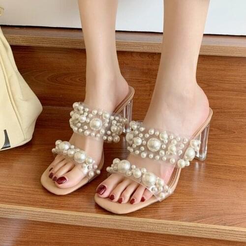 Beads 2021 Summer Fashion Sexy Thin High Heel Slippers Slip Out of Polka Dots Bling Sweet White Fairy Wind Seaside Shoes Woman