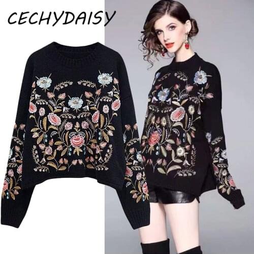 2021 Autumn Winter Knitted Sweater Pullover Women O-Neck Loose Casual Embroidery Flower Traf Jumper Tops Pull Femme Goth Clothes