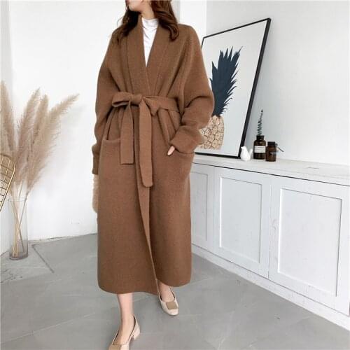 Customized Women Rope Style Thicken Cashmere Knitted Long Cardigan Winter Outerwear Knitted Coat
