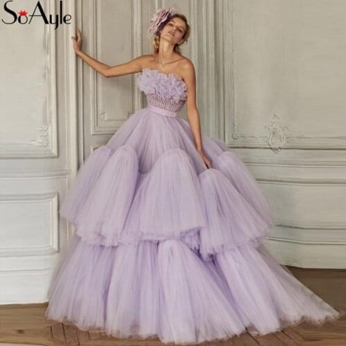 SoAyle Ball Gown Strapless Goffered Tulle TUTU Chic Lavender Prom Dresses Puffy Large Long Gowns