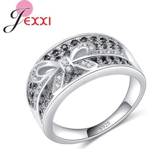 Unique Design Bowknot 925 Sterling Silver Rings With Black Cubic Zirconia Fashion Jewelry For Unique Girls New