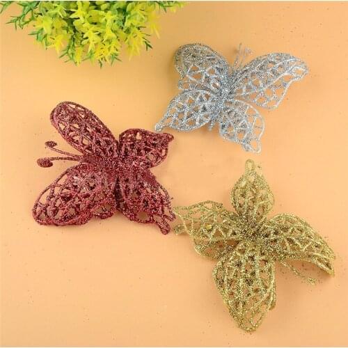 10pc Christmas Decorations Colorful Artificial Glitter Flowers Butterfly New Year Party Merry Christmas Tree Ornaments 6Z