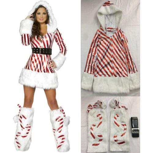 Velvet Striped Christmas Hooded Dress Sexy Womens Xmas Costume Santa Claus Costume Long Sleeve Christmas Fancy Dress