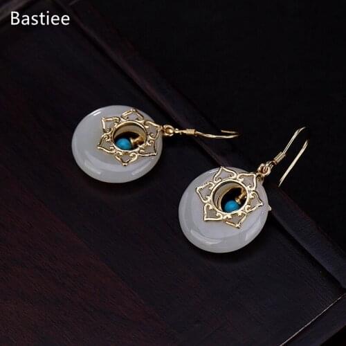 Bastiee Silver 925 Jewelry 925 Sterling Silver Earrings Dangle Earrings Vintage Inlaid Jade Korean Earrings Silver